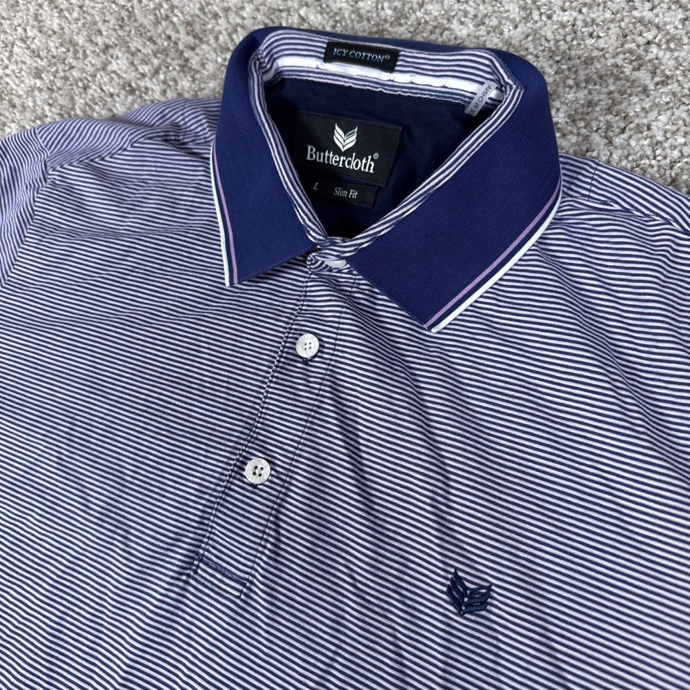 Buttercloth Polo Shirt Mens L Blue Striped Icy Cotton Slim Fit Short Sleeve Prep
